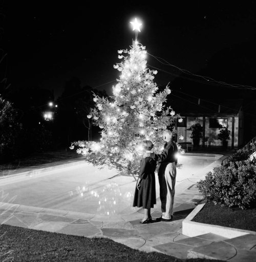 yesterdaysprint:Christmas tree in a swimming pool, Hollywood Hills, 1954