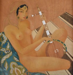 kradhe:    Femme de Marakech,  Gilbert F. Bons, 1933. Art Deco orientalist painting of a nude with a gumbri.