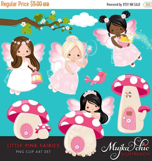 60% off SALE Little Pink Fairy Clipart. Cute Fairies Dressed up in Fairyland, Mushroom homes and mag