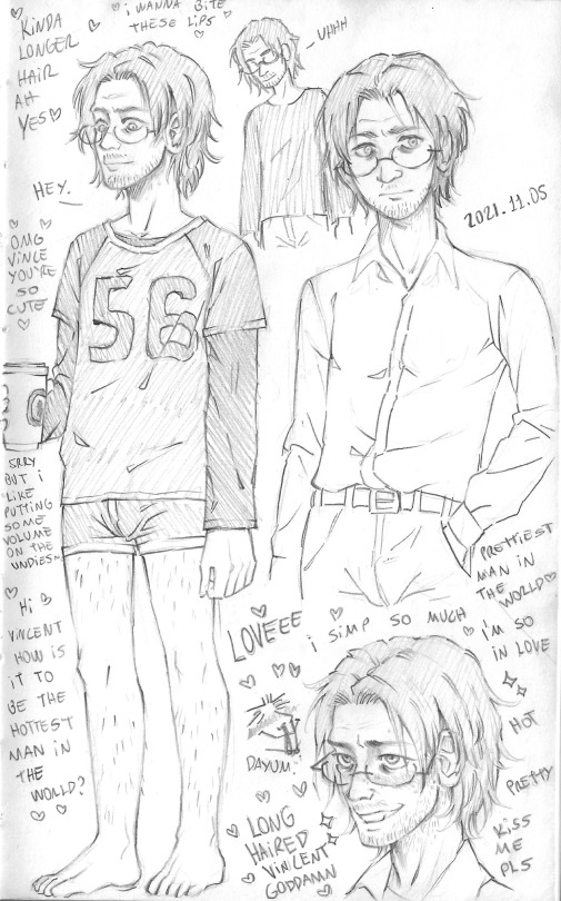 heatherchasesyou:doodles and more doodles of concept art Vincent using some of his beta clothes a-and one of him actually ummm, ah you saw it already okor should i say hippie Vinny-