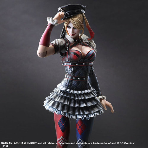toysandstuff:  Play Arts Kai Batman: Arkham Knight Harley Quinn figureThe figure will include three sets of swappable hands,  two interchangeable head sculpts, a police cap, a stylized baseball bat,  a pistol, and a figure stand. The interchangeable heads
