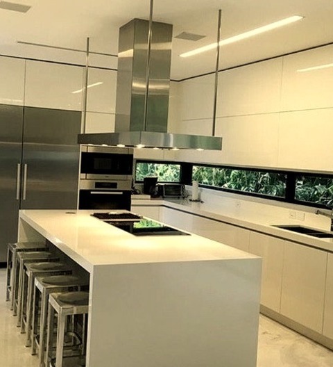 Great Room In Miami Mid-sized Minimalist L-shaped Porcelain Tile And Gray Floor Open Concept Kitchen