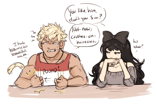 highschool!au-ish scenario where sun/nep are the arguing duo and blake/weiss are the close bffs