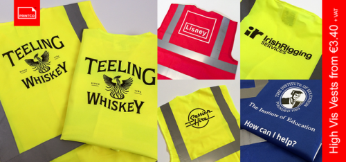 Safety wear and workwear printing in Dublin, including screen printing, dye sublimation, embroidery, vinyl transfers and digital. Our high vis vests start from only €3.50 + VAT including print, with 1 day turnarounds and next day delivery to anywhere...
