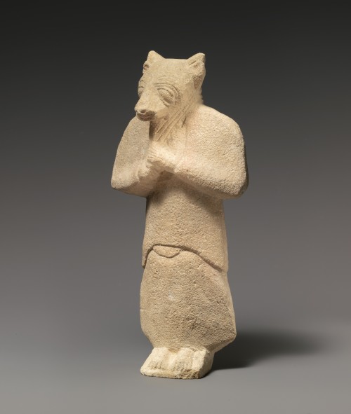 ancientanimalart:drakontomalloi:Anonymous Cypriot artist - Limestone figure wearing a bull’s mask. A