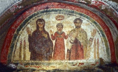 Fresco from a Roman catacomb in Naples showing a couple and their daughters, Nonnosa, all of whom ar