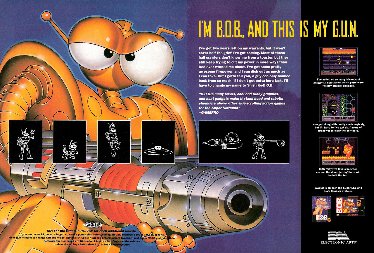 vgprintads: ‘B.O.B.’ [SNES] [USA] [MAGAZINE, SPREAD] [1993] GamePro, July 1993