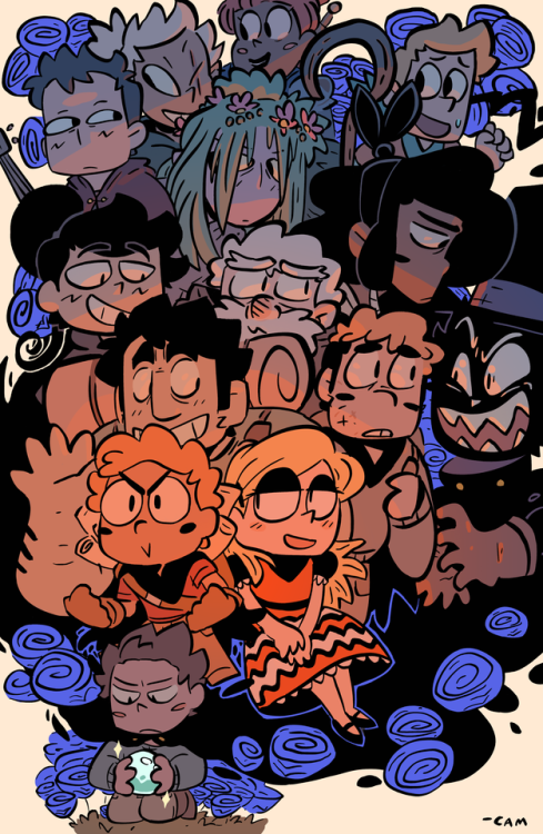 A print I made for VanCAF, starring all the characters from my webcomic. You can read that at cheesy