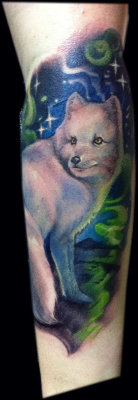 fuckyeahtattoos:
“ My lovely arctic fox by Claire Reid, guesting at Alien Art Tattooing. He’s doing a great job of covering up some old scars.
”