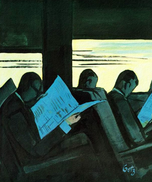 rogerwilkerson:Evening Commuters, art by Arthur Getz.  Detail from New Yorker Magazine cover Novembe
