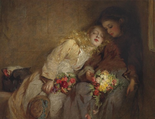 The Return Home / Two Girls Asleep in a Railway Carriage.1873.Oil on Canvas.52.1 x 67.3 cm.Art by Ge