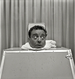 Jackie Gleason in steam cabinet, New York,