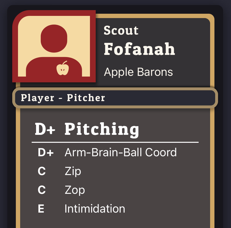 A screenshot from Terror Ball's website of Apple Barons pitcher Scout Fofanah. They have a D+ Pitching rating, with their individual stats being D+ Arm-Brain-Ball Coord, C Zip, C Zop, and E Intimidation.