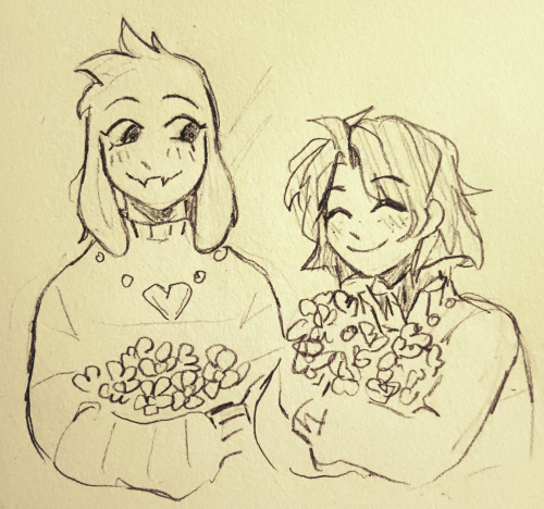 portpebble:sukifoof-art: the siblings :) [Image ID: a traditional drawing of Asriel and Chara from U