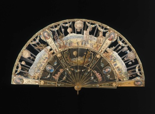 cair–paravel:Fan depicting scenes from the history of ballooning, France, c. 1785.