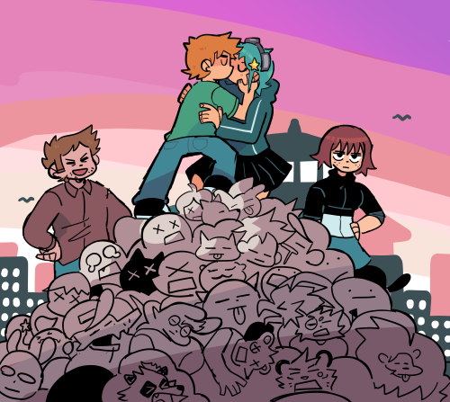 JUST LIKE IN THE MOVIESscott pilgrim game fanart cause level 2′s ending is awesome ^_^ @radiomaru