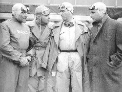 formula1history:  Alfa Romeo dream team: Felice Bonetto, Consalvo Sanesi, Giuseppe “Nino” Farina &amp; Juan Manuel Fangio - 1951 - International Trophy (Silverstone) [1024x768]Source: http://i.imgur.com/H4SEhcQ.jpg