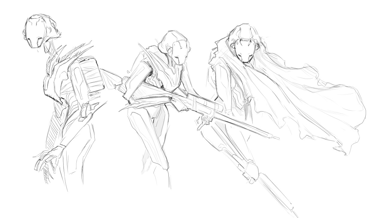 Three sketches of a robot, Path, either carrying a weapon or walking around.