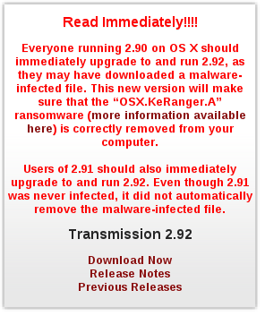 BITTORRENT CLIENT TRANSMISSION INFECTED WITH FIRST MAC RANSOMWAREThe Transmission team, has added a 