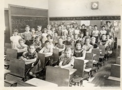 ancientfaces:  Remember when … 1952 Elementary SchoolRemember wooden desks, chalkboards &amp; cursive writing charts? The 1952 third grade class of Lincoln Elementary School in Cook County Illinois. [ Enlarged: Lincoln Elementary School Illinois 1952
