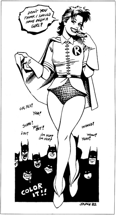 newwavecrashing:  According to this, Jaime Hernandez inspired Frank Miller when creating Carrie Kelly (Robin in The Dark Knight Returns). John Bryne, encouraging the idea of a female Robin, showed Miller this drawing of Maggie from a 1982 issue of The