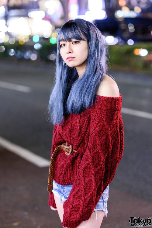 18-year-old Japanese singer and shop staff Chibisuke on the street in Harajuku with pastel hair, a c