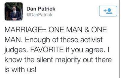 georgetakei:
“Dan Patrick is a Tea Party candidate for Lt. Gov. in Texas. His tweet today, responding to a federal court striking down Texas’s anti-gay marriage law, is an epic fail. http://ift.tt/1cSfnSn
”
