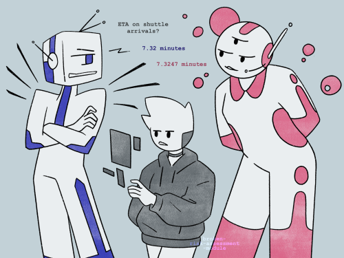 A digital illustration of stylised feedsonas of ART, Murderbot, and Holism in the feed. Holism is taller and broader than ART, with a spherical head and three eyes. It had a number of circles floating around its head, and a single antenna poking up from where its ear would be. It has pink markings on its collar, waist, forarms, lower legs, outer thighs and upper arms. The markings on its legs are vaguely the same shape as ART's, except rounded rather than pointy. Murderbot stands in between them, looking at some feed screens, and asking "ETA on shuttle arrivals?". ART stands on the left, arms crossed and shoulders hunched, glaring at Holism as it answers "7.32 minutes." Holism is standing on the right, arms behind its back, bowing slightly and looking at ART with smug satisfaction as it answers "7.3247 minutes."