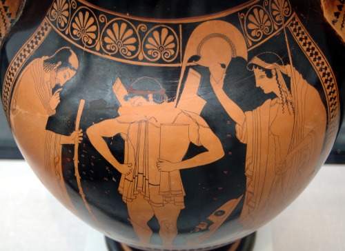 Hector dons his armor, while his parents Priam and Hecuba look on.  Side A of an Attic red-figure pa