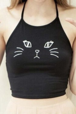 Blogtenaciousstudentrebel:  Sexy Halter Camisole&Amp;Amp;Top Cat Print Hot Crop Camisole