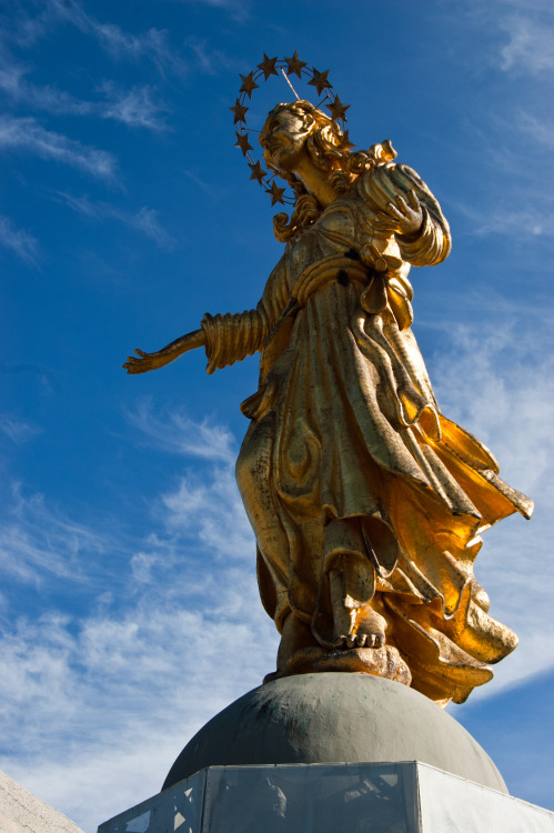 The statue of Our Lady of Europe.The statue is erected at 2,000 metres above sea level in Motta, a f