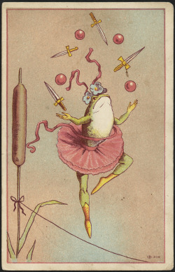 weirdvintage:  “Wheeler &amp; Wilson’s High-Arm New Number Nine is the only perfect sewing machine for family use&quot;—what that has to do with a tightrope-walking frog juggling swords and balls is beyond me.  Late 19th century (via)
