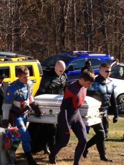 cosplayinamerica:  Members of Heroes4Higher serve as pallbearers for the funeral of a 4-year-old West Virginia boy they visited during his battle with cancer. The child never saw their faces, but as the men carried him to his final resting place, they