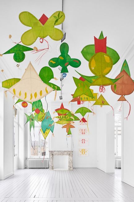 Joan JonasDraw on the wind, 2018Paper painted kites, bambooCourtesy Gladstone Gallery.