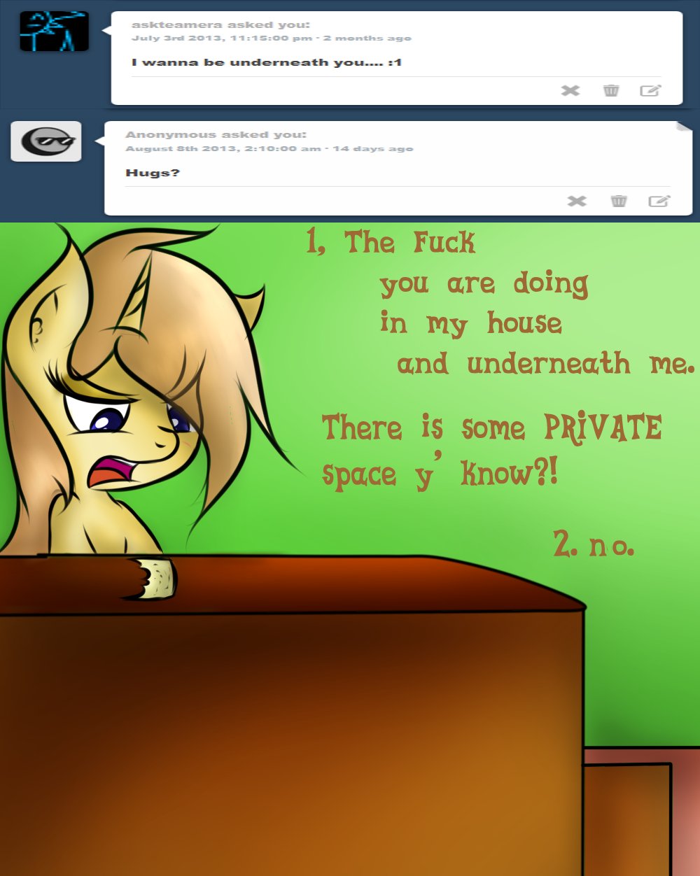 askshinytheslime:  askshinytheslime:  Mint: Where is this annoying as hell pony….