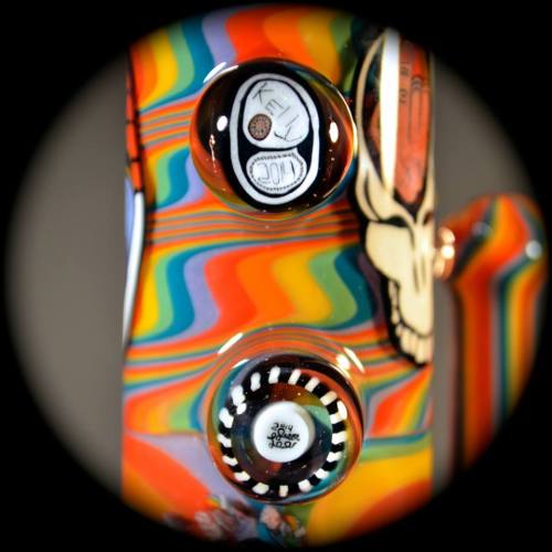 headyhunter:  “Deadicated: The Other One”By Jason Lee and Jerry Kelly 201412.5” tall, push bowl bubbler.All murrini by Jerry, fully worked by Leebo.This piece will be available at the Sep. 19-20 GooseFire Gallery MilLee   ■■ Tumblr 