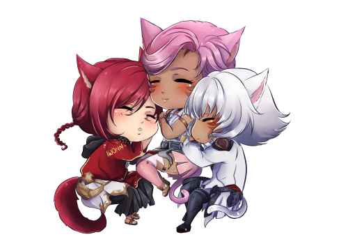 FFXIV commission for @/DreamerElysian ^-^G'raha, Y'shtola and their OC Storm Villiers curling up for