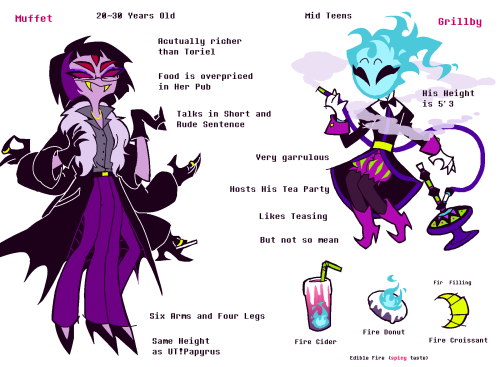 fellswapmagenta:  Character Info Sheet Muffet and Grillby(I changed Muffet’s Color Scheme)