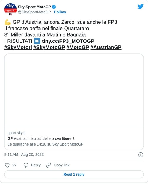 💪 GP d'Austria, ancora Zarco: sue anche le FP3 Il francese beffa nel finale Quartararo 3° Miller davanti a Martín e Bagnaia I RISULTATI ➡ https://t.co/IpM9HJHtsF#SkyMotori #SkyMotoGP #MotoGP #AustrianGP  — Sky Sport MotoGP (@SkySportMotoGP) August 20, 2022
