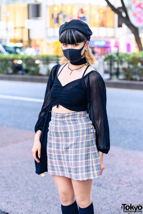 20-year-old Japanese student and dancer Shion on the street in Harajuku wearing a sheer vintage crop