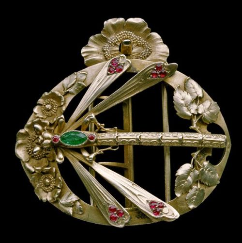 marylibra:Dragonfly Buckle Gilded silver, emerald & rubyEdmond LhoteFrench c. 1904