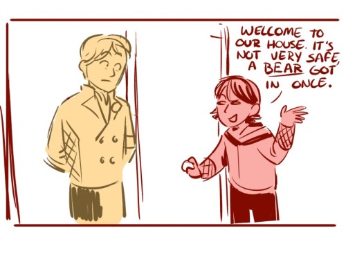A single panel of Kai opening the door for Hikaru Sensei, who is standing in the threshold with a shocked expression. Kai is smugly telling him "Welcome to our house. It's not very safe, a bear got in once."