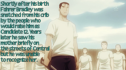 fullmetal-headcanon:   Shortly after his birth Führer Bradley was snatched from his crib by the people who would raise him as Candidate 12. Years later he saw his mother briefly on the streets of Central but he was unable to recognize her.  Submitted