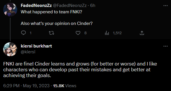 What Kiersi said on Twitter about Cinder, “Cinder learns and grows (for  better or worse)”. What does she mean by that? : r/RWBY