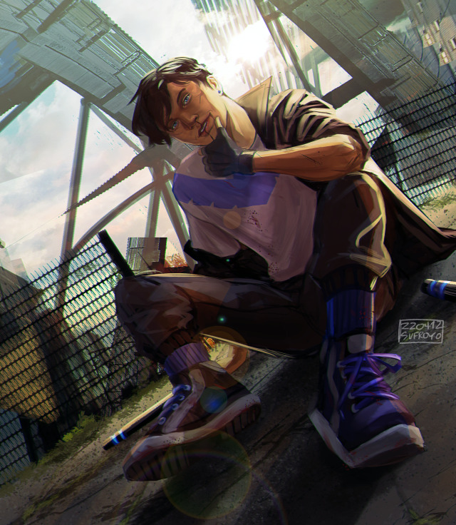 a drawing of dick grayson sitting on the ground outside of what looks like a run down city. he is wiping the corner of his mouth, a black jacket half slung over his shoulders. he is wearing a white tshirt with the nightwing insignia, while he has black and white sneakers with blue accents. his escrima sticks are on the ground next to him.