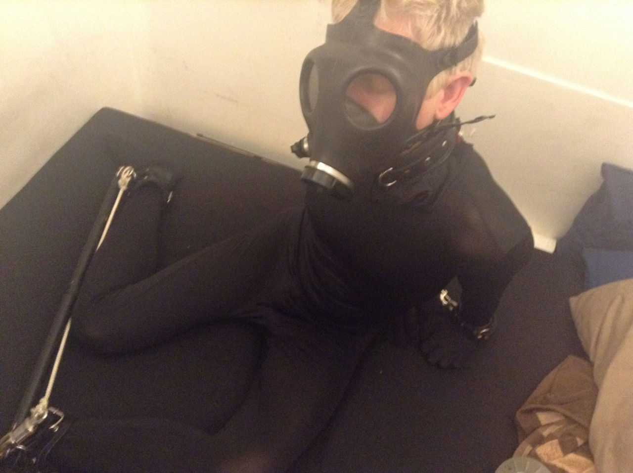 pupdonnie:  In a morphsuit with legs spread wide and hands securely shackled, pupdonnie’s