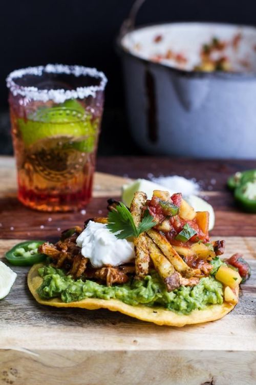 basilgenovese:BBQ Chicken Tostadas with Jalapeno Margarita Salsa (Source: Half Baked Harvest)