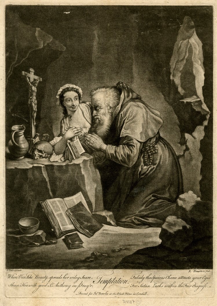 oursoulsaredamned:  Satire: St Antony in a cave, kneeling in prayer before a crucifix