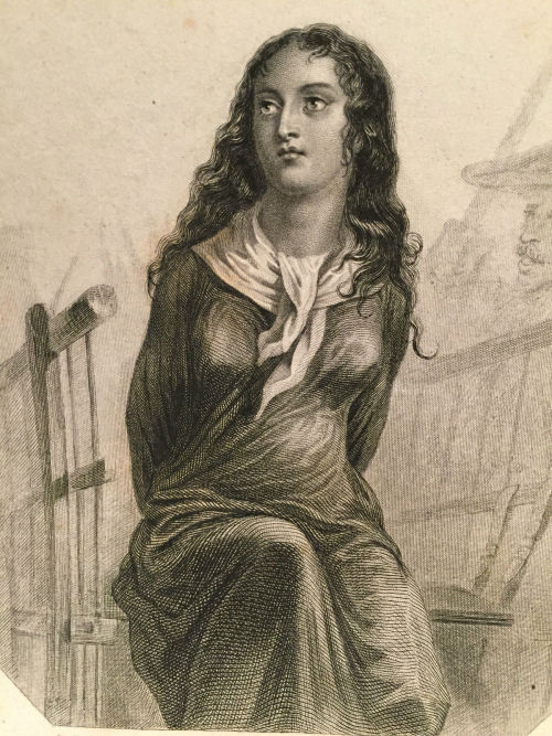 bunniesandbeheadings:19th century engraving of Charlotte Corday, the assassin of Jean-Paul Marat, on