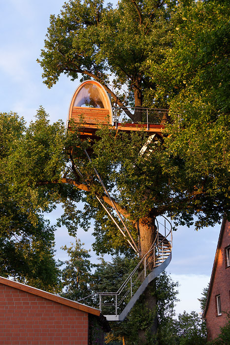 treehauslove:  Treehouse around the Oak. A modern treehouse built around an oak tree by a German architect Andreas Wenning. The treehouse was built 11 meters from the ground and offers some stunning views from the patio. Inside there’s a double bed
